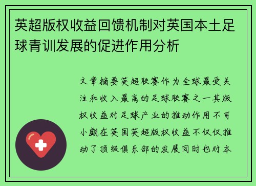 英超版权收益回馈机制对英国本土足球青训发展的促进作用分析