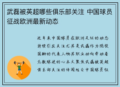 武磊被英超哪些俱乐部关注 中国球员征战欧洲最新动态